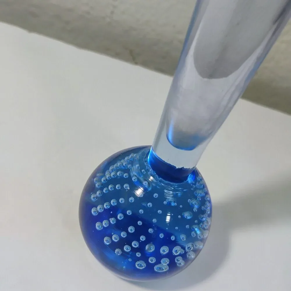 Vtg Clear Blue Fluted Bud Vase Controlled Bubbles Paperweight Bullicante Denmark